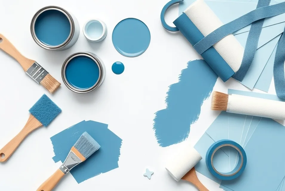 Pots de peinture, nuancier, brosses et rouleaux disposés à plat