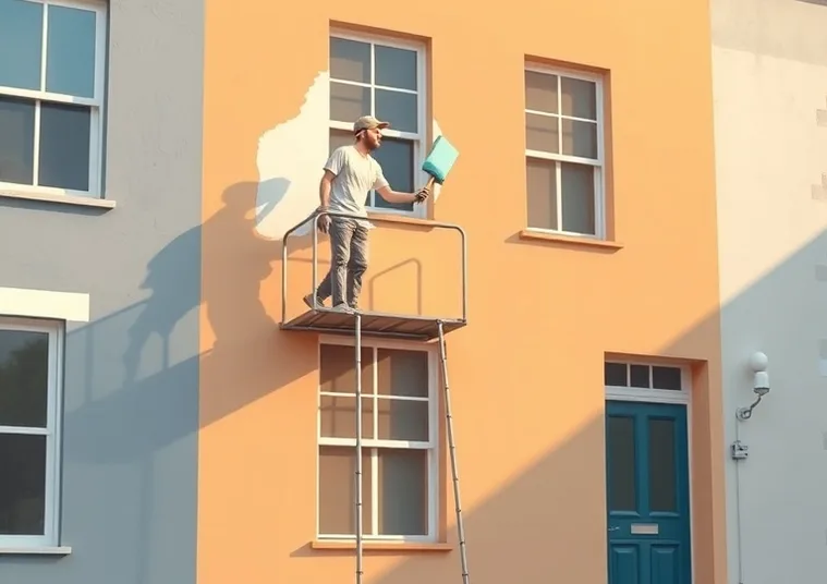 Peintre sur échafaudage traitant la façade d'une maison