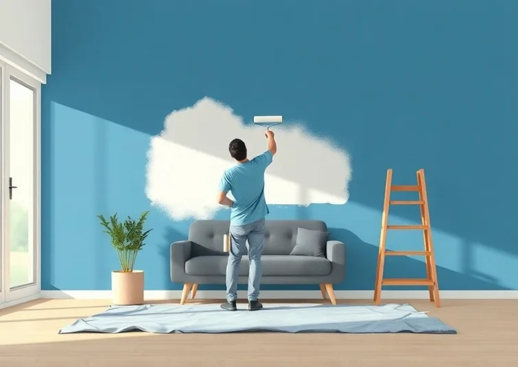Peintre appliquant la peinture au rouleau sur un mur de salon